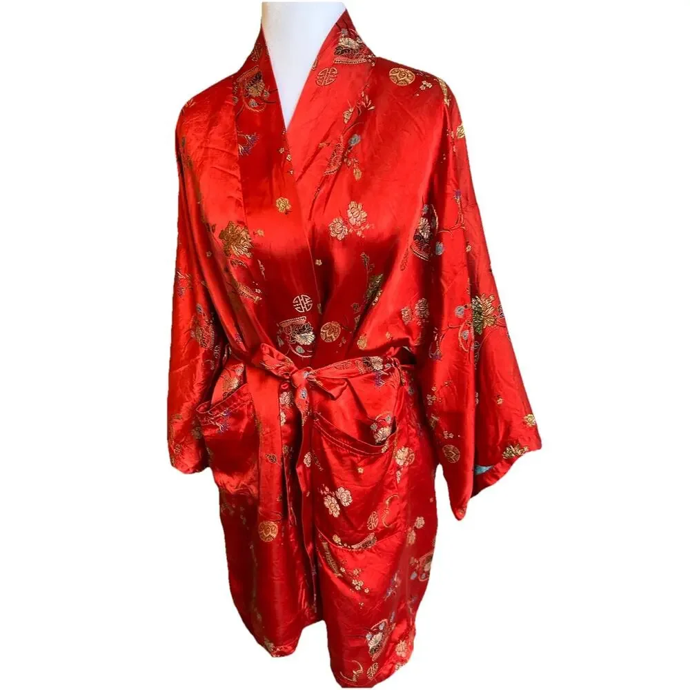 Vintage Kimono Robe Red Patchwork Reversible Asian Gold Hong Kong Retro Pockets